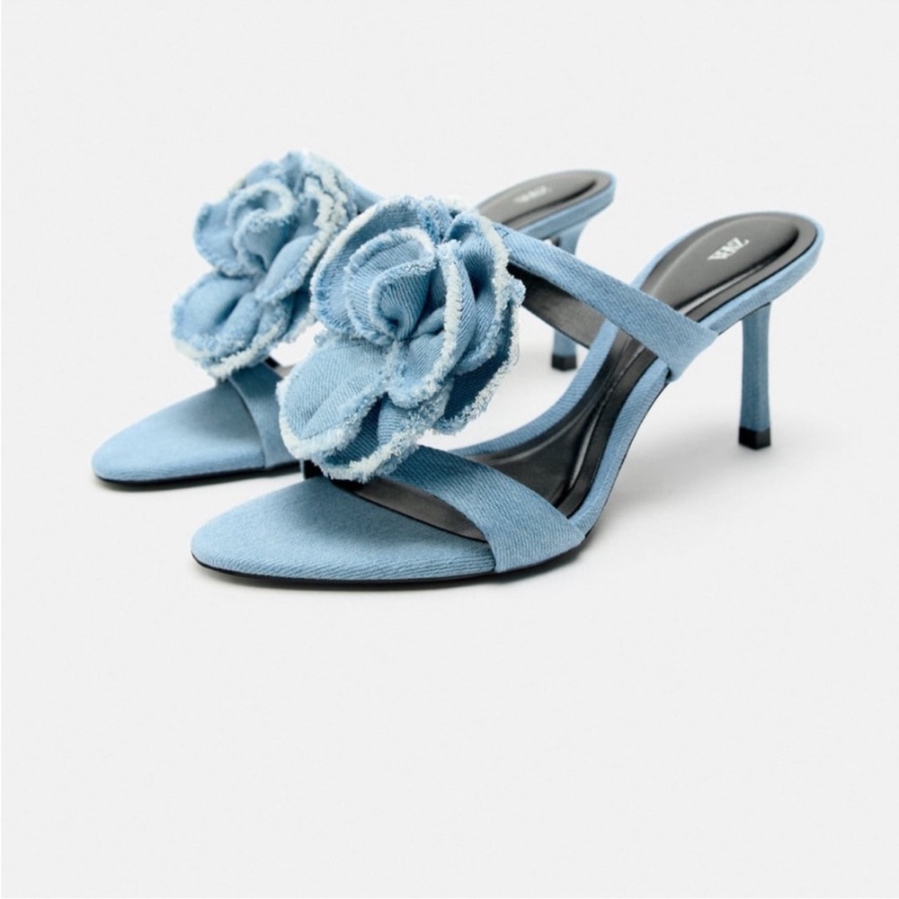 Zara floral high heeled denim sandals size 6.5/37 NWT